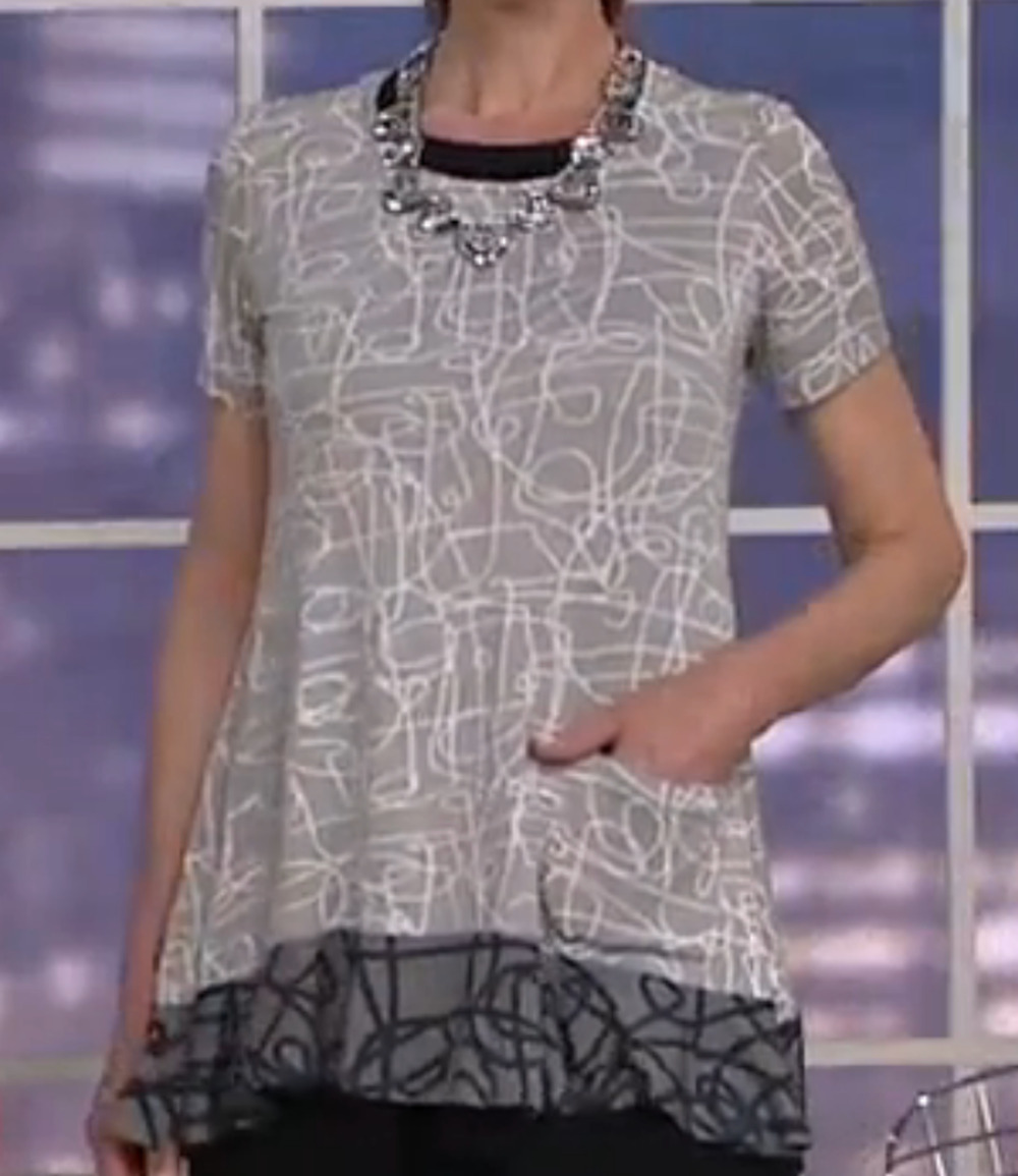 Logo Lori Goldstein Top XXS Gray Printed Knit With Contrast Hem Pockets Tunic